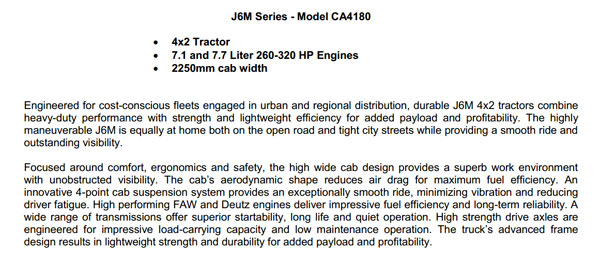 FAW J6M Series-Model CA4180(7.1/7.7 Liter)4×2 Tractor