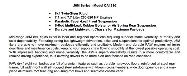 FAW J6M CA1310 8×4 Twin-Steer Rigid